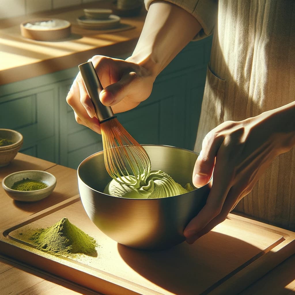 Dall·e 2024 03 01 20.07.36 A Realistic Image Of Two Hands Making Matcha Tea Ice Cream With A Softer And More Natural Tone. The Scene Is Set In A Kitchen Bathed In Warm Sunlight