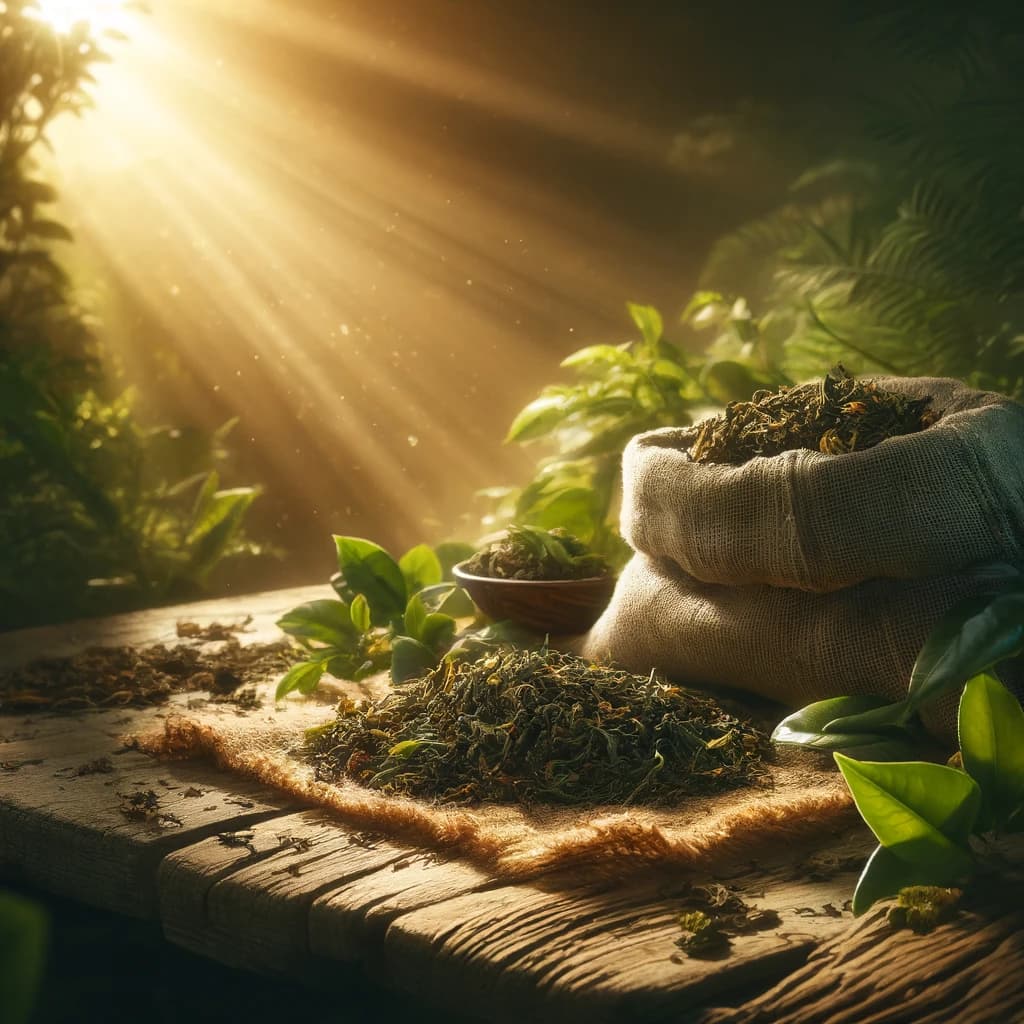 Dall·e 2024 04 22 17.38.23 A Realistic Scene Depicting Bulk Tea In A Natural Environment Bathed In Warm Sunlight. The Setting Includes Lush Greenery And Soft Natural Earth Ton