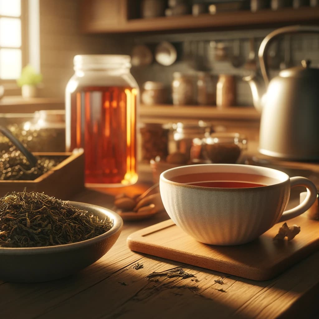 Dall·e 2024 04 22 17.40.27 A Realistic Scene Of A Cup Of Tea Alongside Bulk Tea In A Kitchen Environment. The Setting Features A Homely Kitchen With Warm Lighting A Wooden Coun