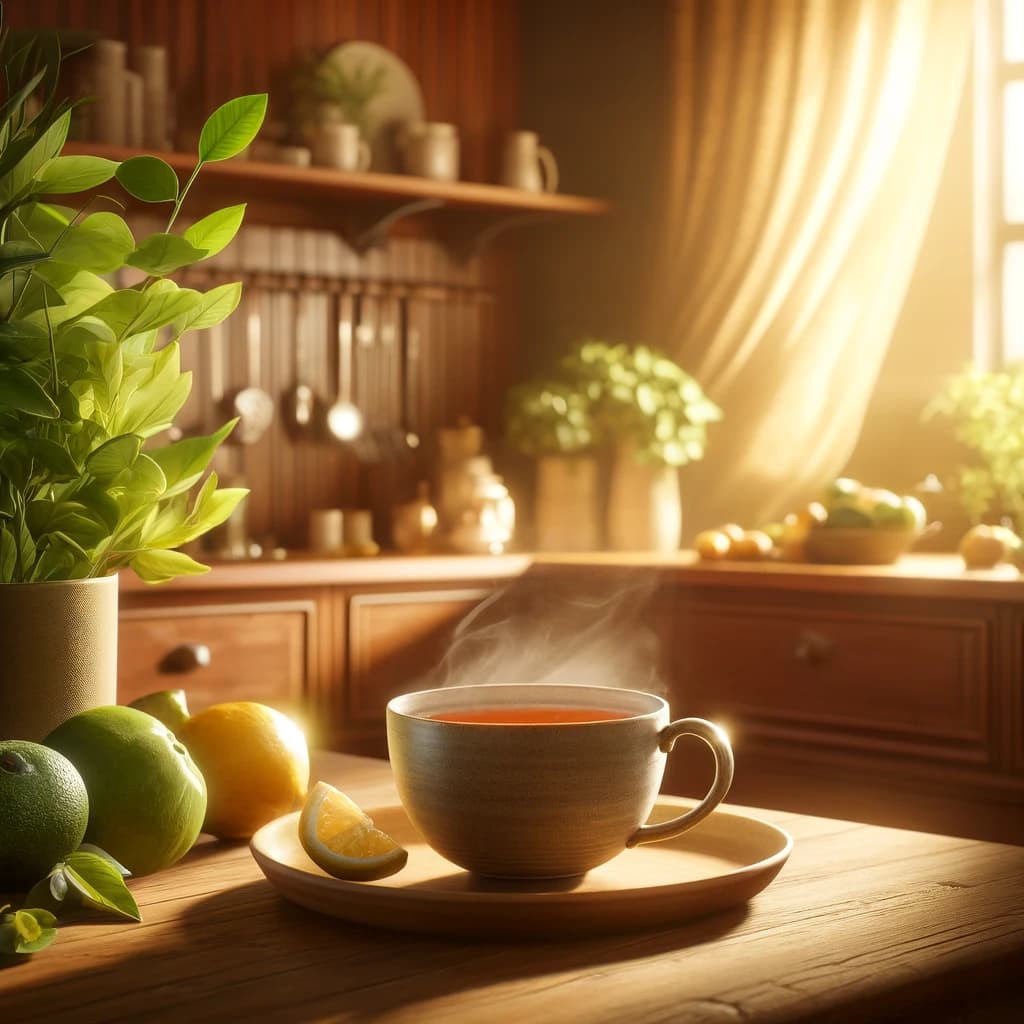 Dall·e 2024 04 22 17.44.38 A Realistic Scene Of A Cup Of Tea In A Kitchen Setting That Radiates Warmth And Health. The Kitchen Is Bathed In Warm Tones From Soft Golden Sunlight