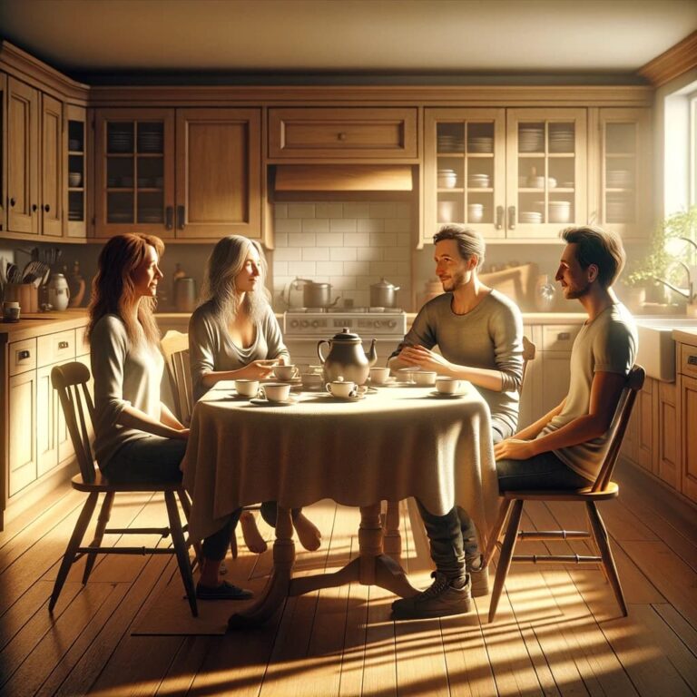 Dall·e 2024 04 24 14.19.43 A Realistic Image Of Four 30 Year Old People Two Women And Two Men Sitting Around A Kitchen Table Enjoying Tea. The Table Set Further Away In The K