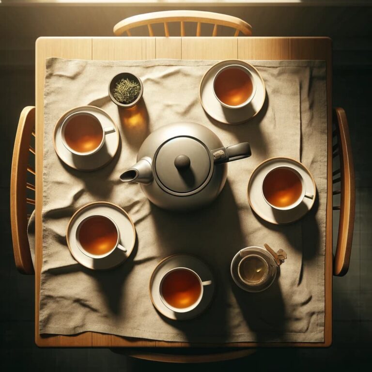 Dall·e 2024 04 24 14.22.09 A Top Down Realistic Image Of A Kitchen Table Set With Four Cups Of Tea And A Kettle In The Center. The Table Is Covered With A Beige Tablecloth Crea