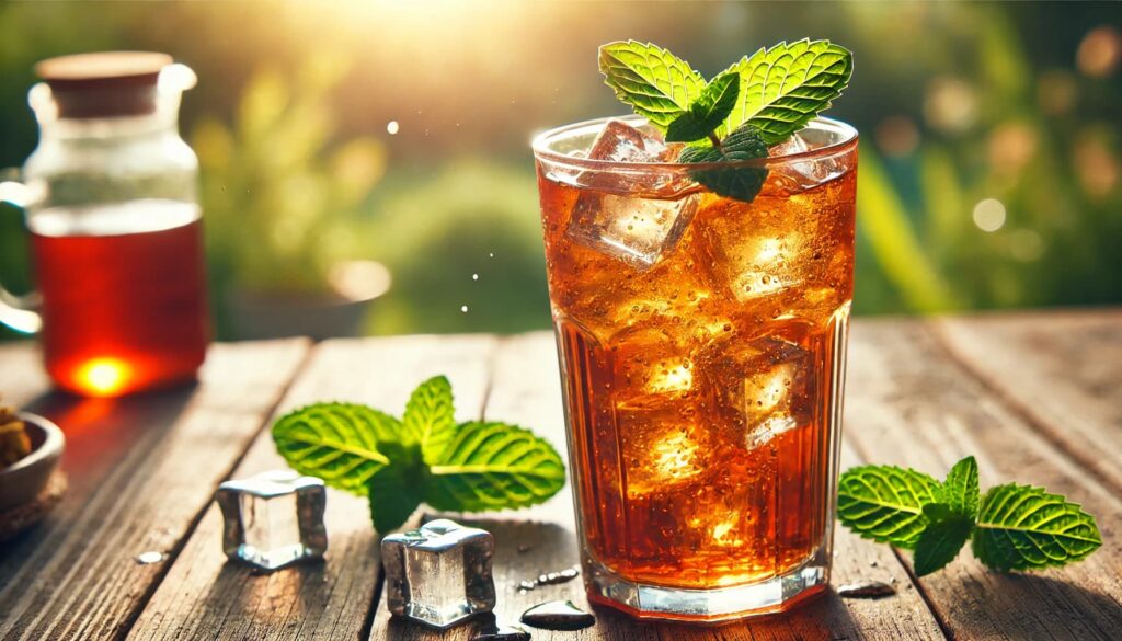 Dall·e 2024 07 23 14.18.40 A Refreshing Iced Rooibos Tea In A Tall Glass With Ice Cubes And Garnished With A Sprig Of Mint. The Glass Has Condensation Droplets On The Outside.