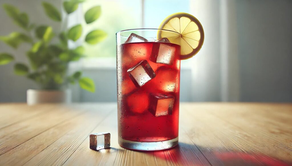 Dall·e 2024 07 24 17.46.58 A Realistic Image Of A Glass Of Iced Red Tea. The Glass Is Filled With Red Tea Ice Cubes And A Slice Of Lemon On The Rim. There Is Condensation On T