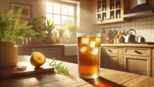Dall·e 2024 07 26 11.59.50 A Realistic Image Of A Glass Of Cold Tea With A Softer And More Natural Tone. The Scene Is Set In A Kitchen Bathed In Warm Sunlight. The Glass Of Tea