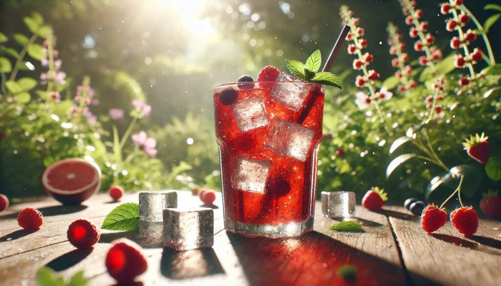 Dall·e 2024 07 26 12.05.09 A Realistic Image Of A Glass Of Cold Berry Tea With A Softer And More Natural Tone Set Outdoors In The Warm Sunlight. The Glass Is Filled With Vibran