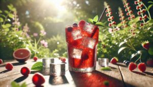 Dall·e 2024 07 26 12.05.09 A Realistic Image Of A Glass Of Cold Berry Tea With A Softer And More Natural Tone Set Outdoors In The Warm Sunlight. The Glass Is Filled With Vibran