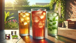 Dall·e 2024 07 26 12.23.06 A Realistic Image Of 3 Glasses Of Cold Tea With Different Colors And Flavors In A Softer And More Natural Tone. The Scene Is Set Outdoors In The Warm