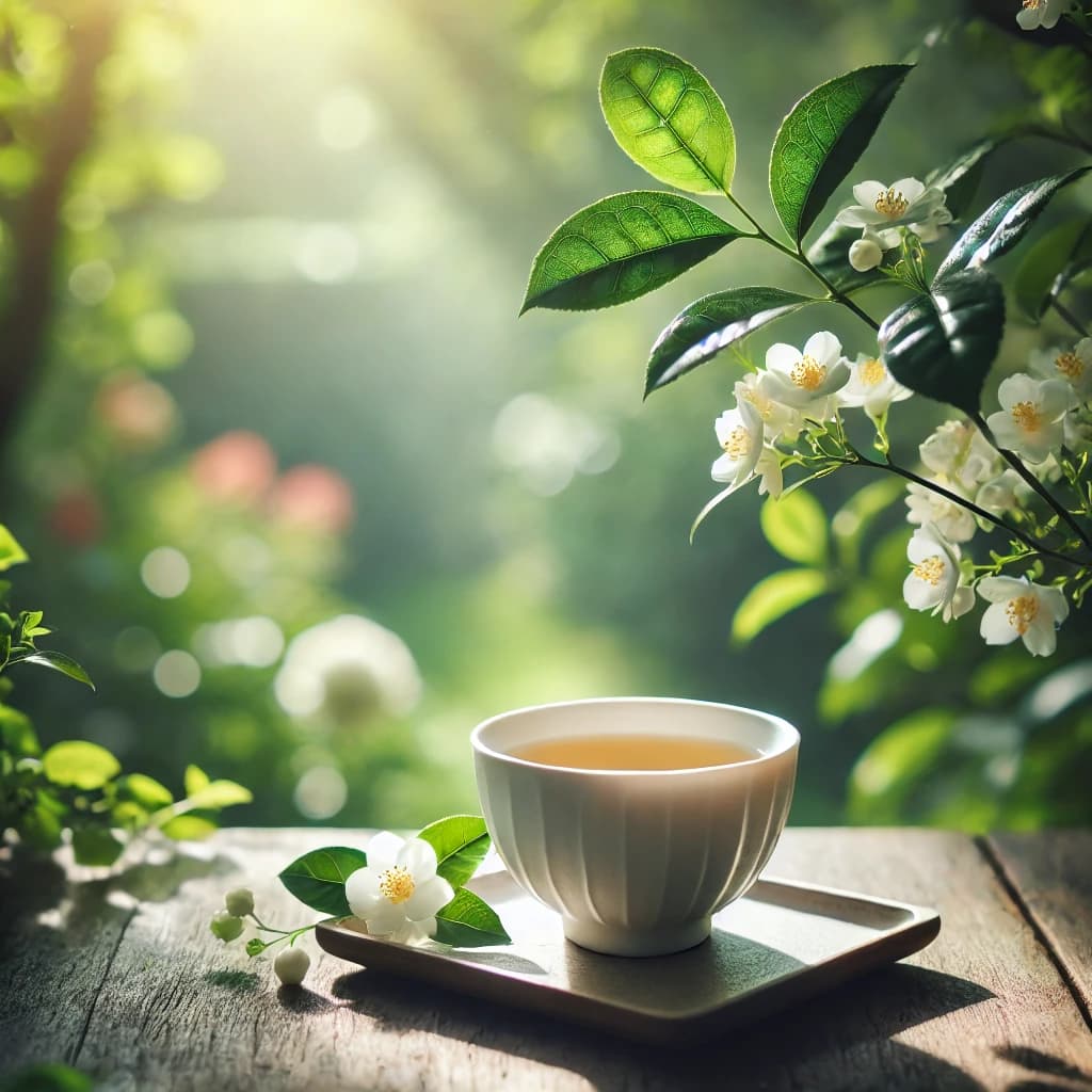 Dall·e 2024 08 08 13.30.50 A Cup Of White Tea With A Softer And More Natural Tone Set In A Garden Or Nature Setting. The Tea Is In A Simple Elegant Ceramic Cup. The Garden Has