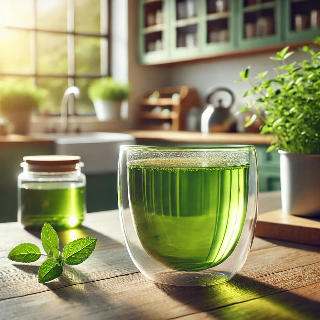 Dall·e 2024 08 08 14.09.32 A Highly Realistic Image Of A Cup Of Green Organic Tea In A Sunlit Kitchen. The Tea Is In A Transparent Glass Cup Clearly Showing The Vibrant Green C