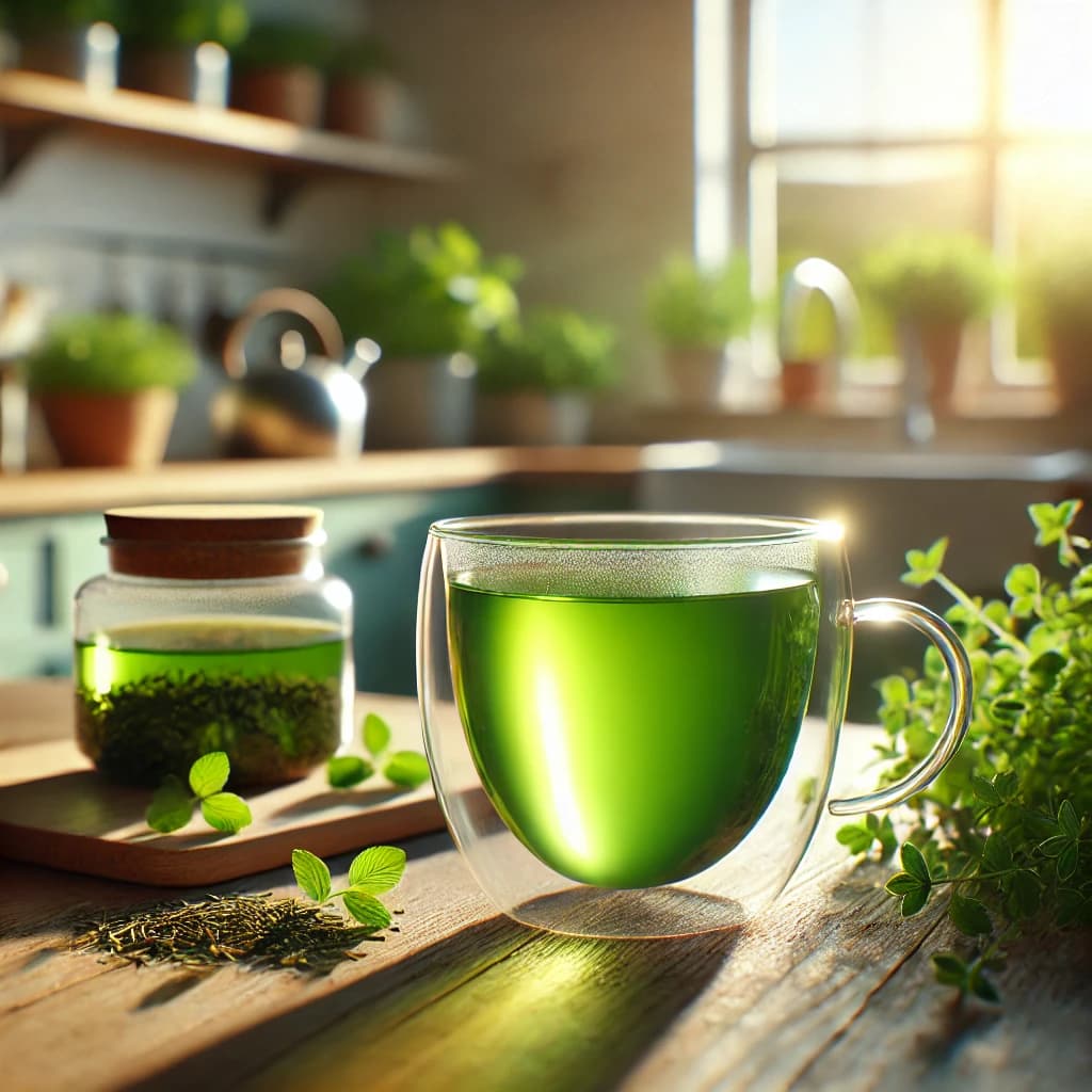 Dall·e 2024 08 08 14.09.35 A Highly Realistic Image Of A Cup Of Green Organic Tea In A Sunlit Kitchen. The Tea Is In A Transparent Glass Cup Clearly Showing The Vibrant Green C