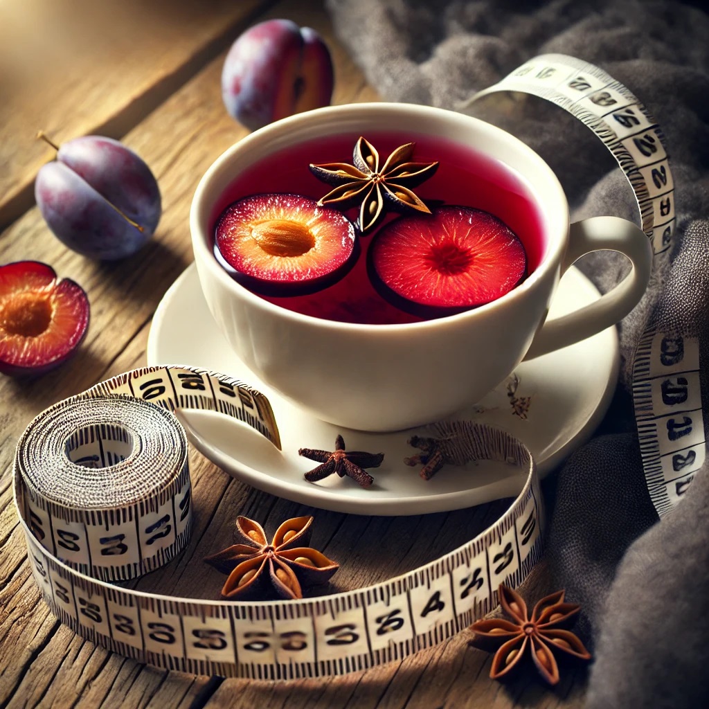 A Cup Of Tea With Fruit Slices And Star Anise And Measuring Tape