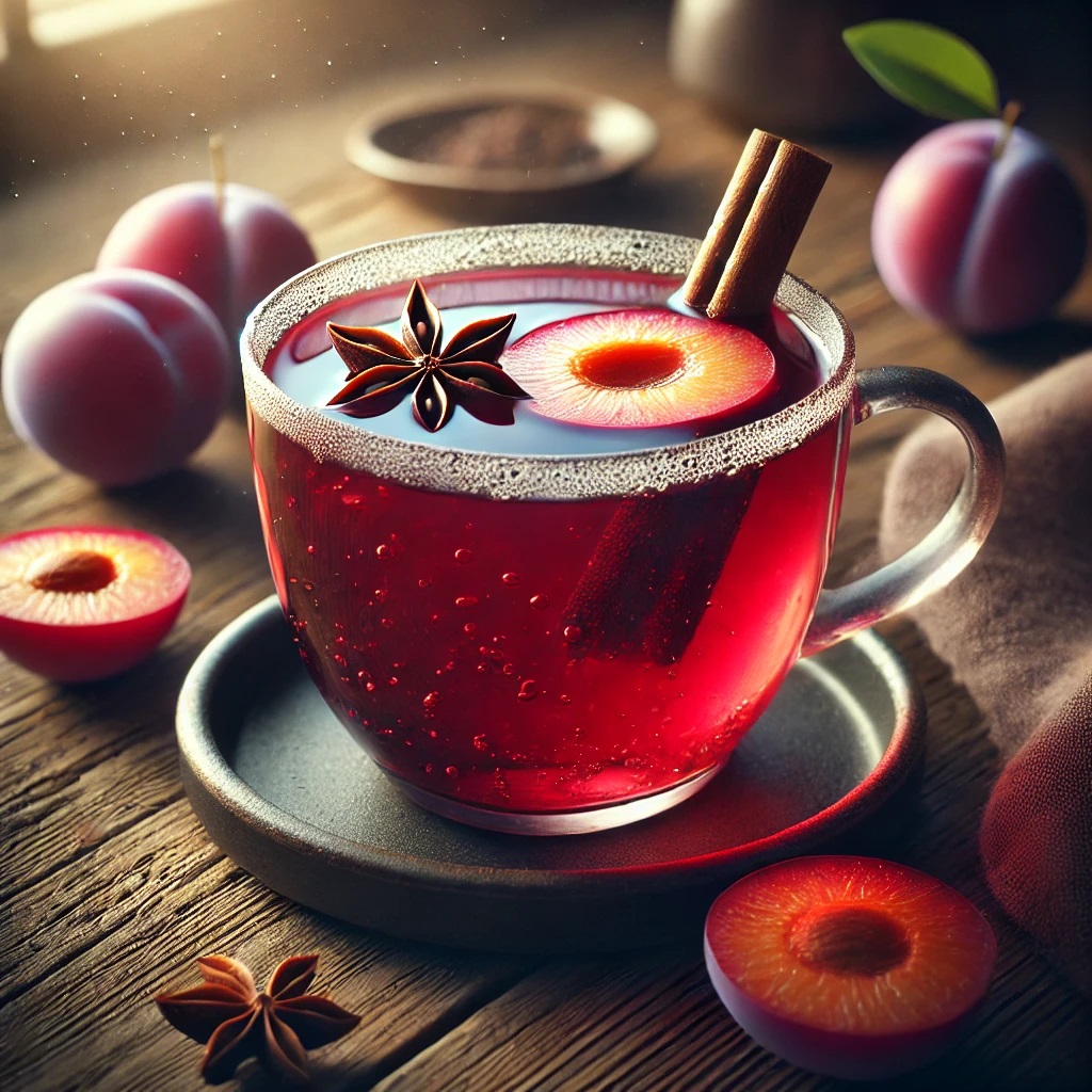 A Glass Cup Of Red Liquid With Fruit And Anise