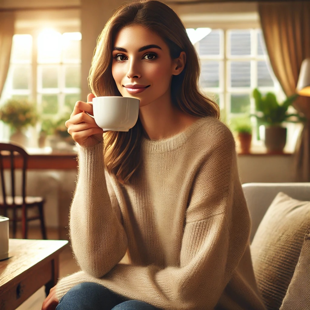 A Woman Holding A Cup Of Coffee