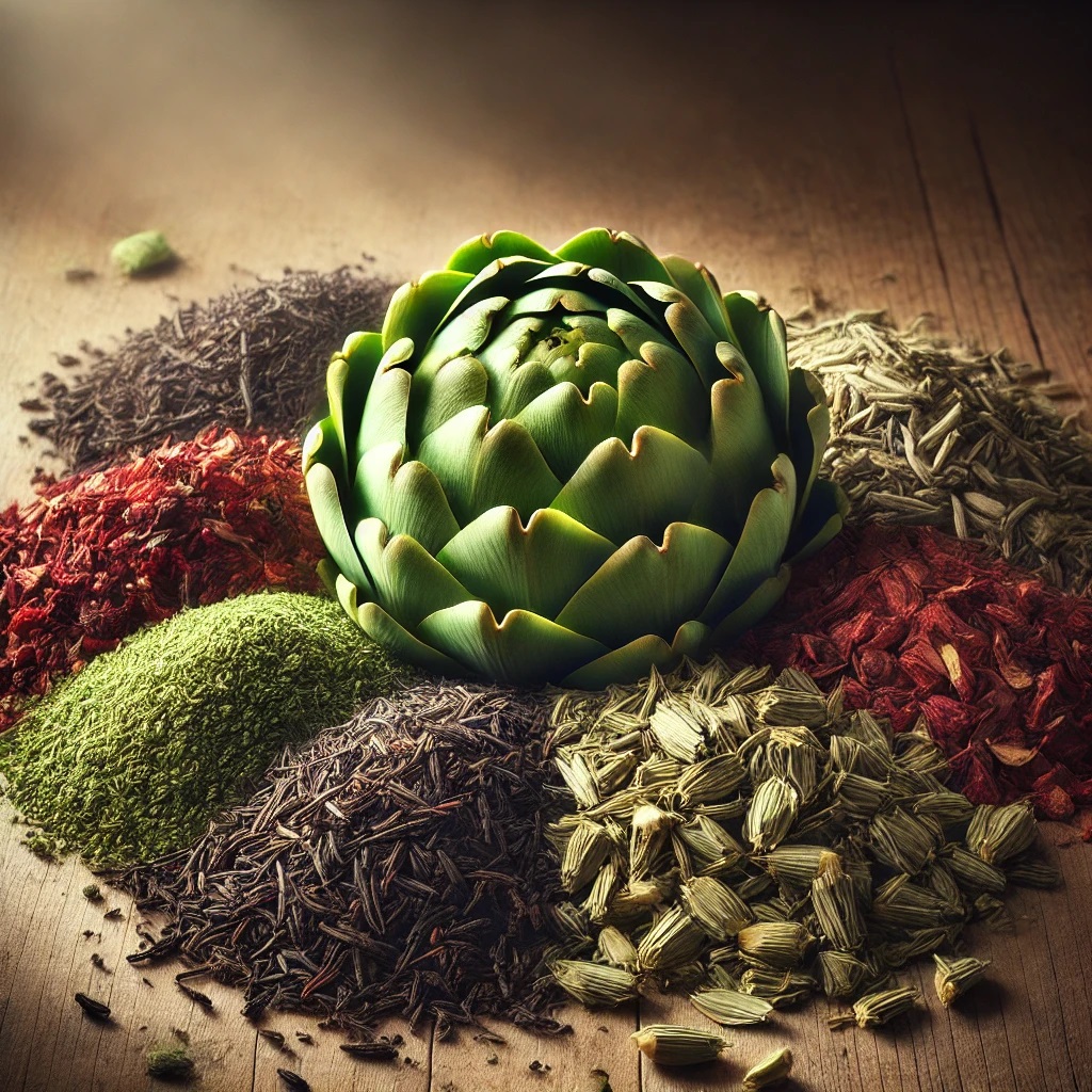 A Green Plant Surrounded By Various Spices