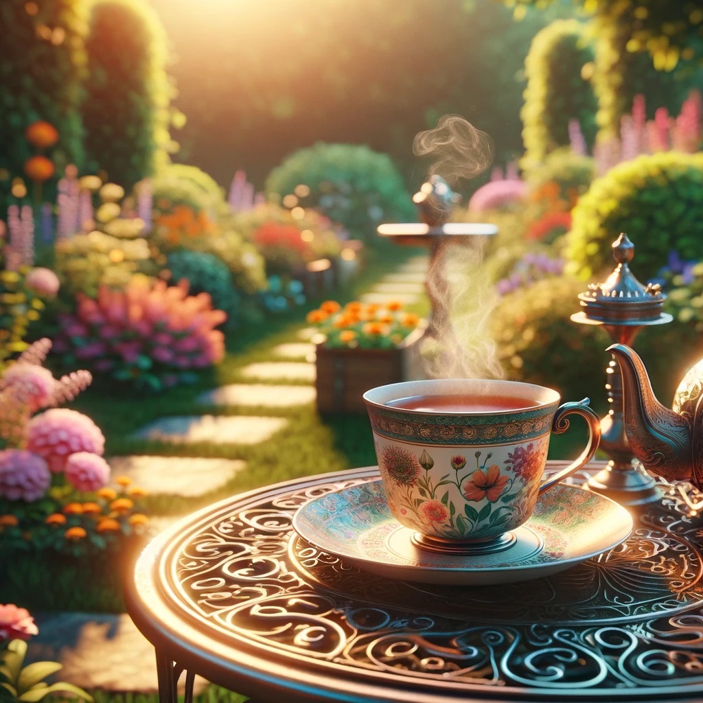 A Teacup And Saucer On A Table In A Garden