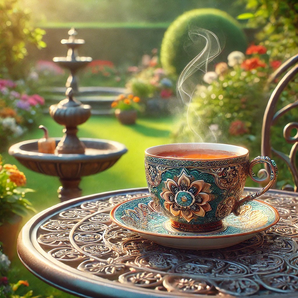 A Cup Of Tea On A Table In A Garden