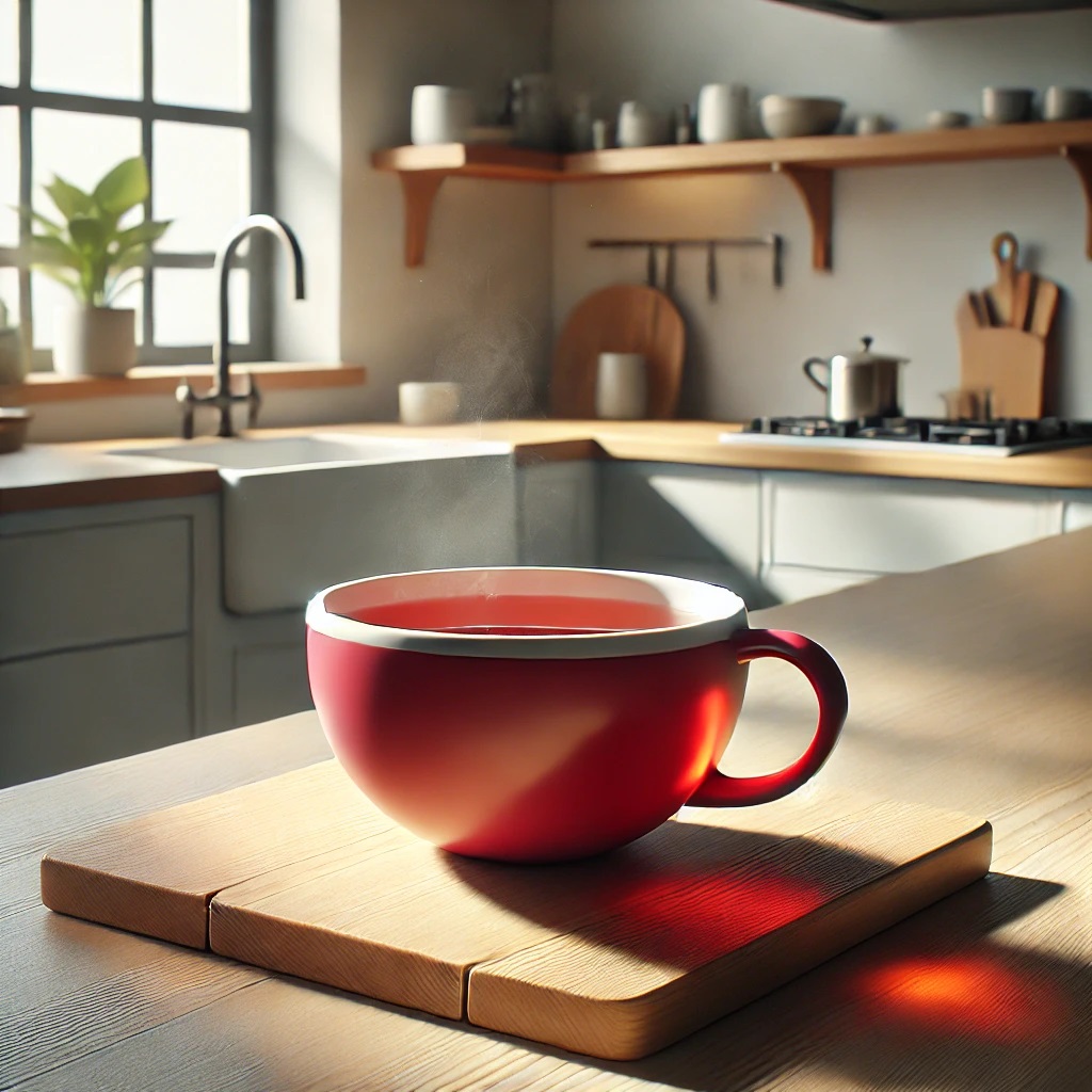 A Red And White Cup Of Tea On A Cutting Board In A Kitchen