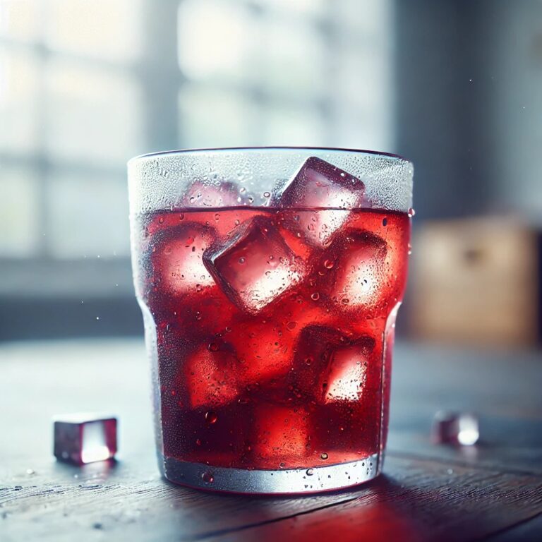 a glass of red liquid with ice cubes