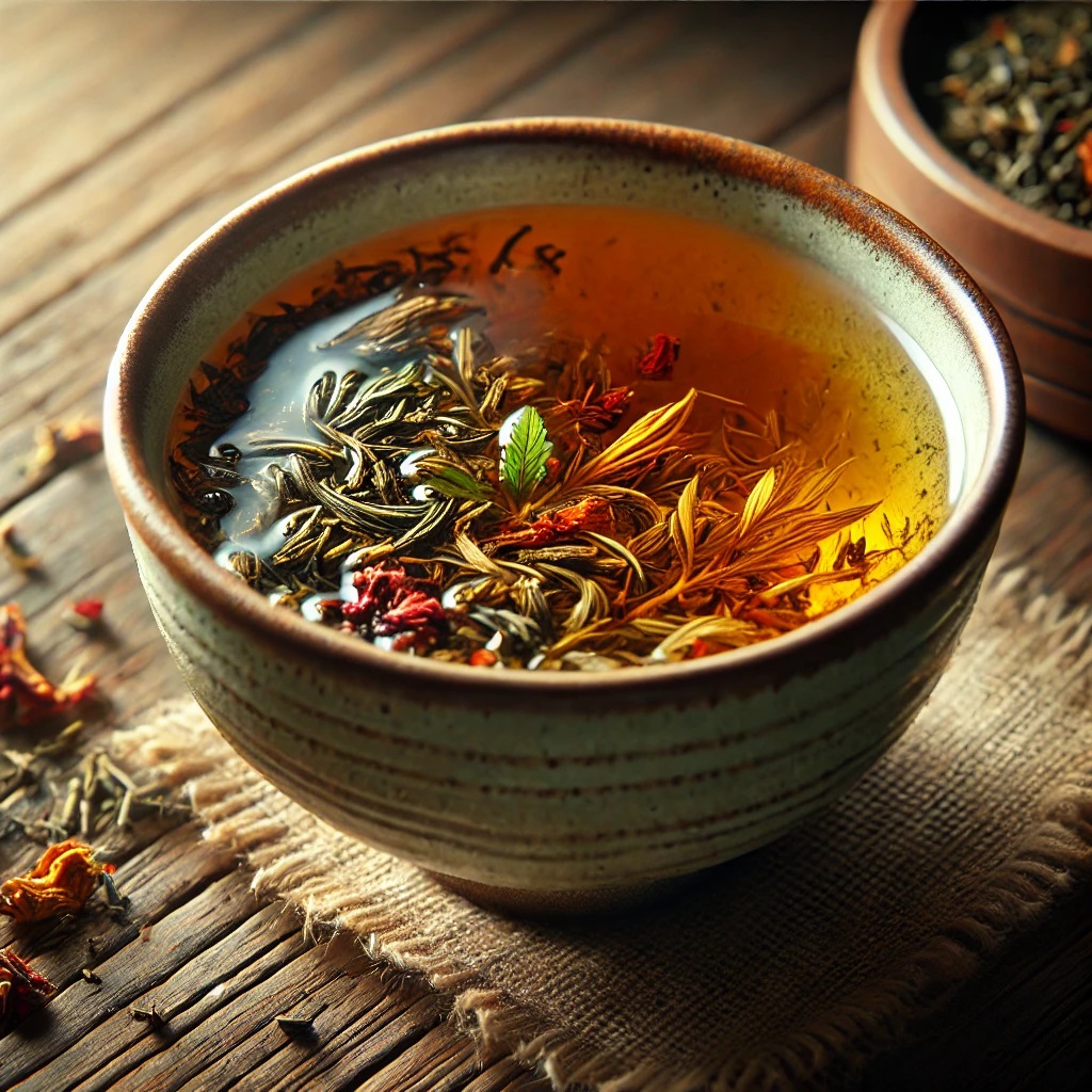 A Bowl Of Liquid With Herbs In It