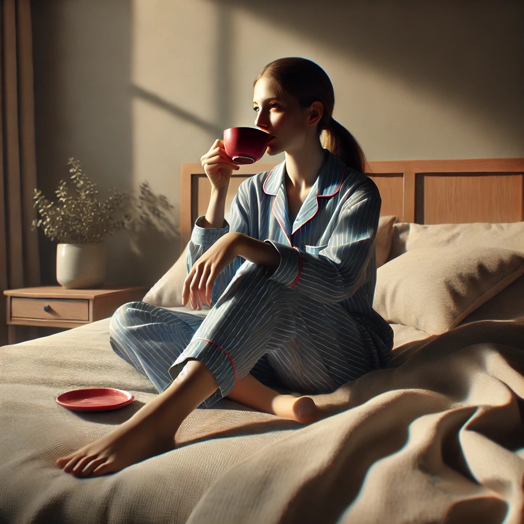 A Woman Sitting On A Bed Drinking From A Red Cup