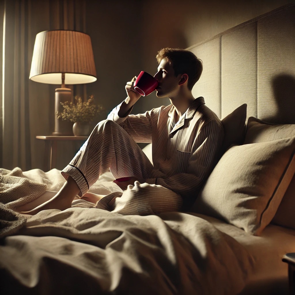 A Man Sitting On A Bed Drinking From A Red Cup