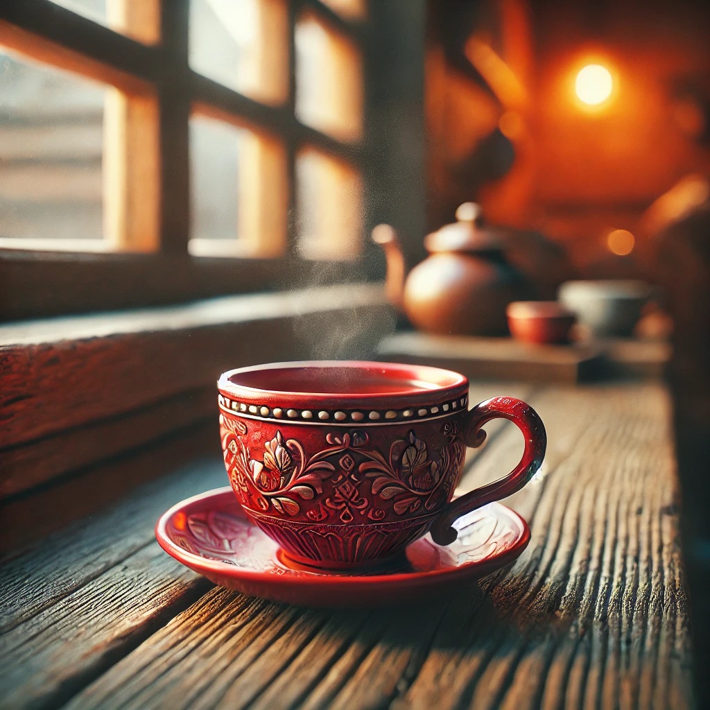 A Red Teacup And Saucer On A Wooden Surface