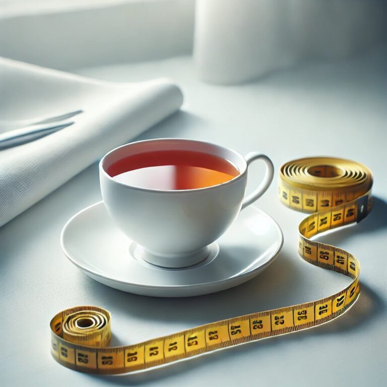 a cup of tea and measuring tape