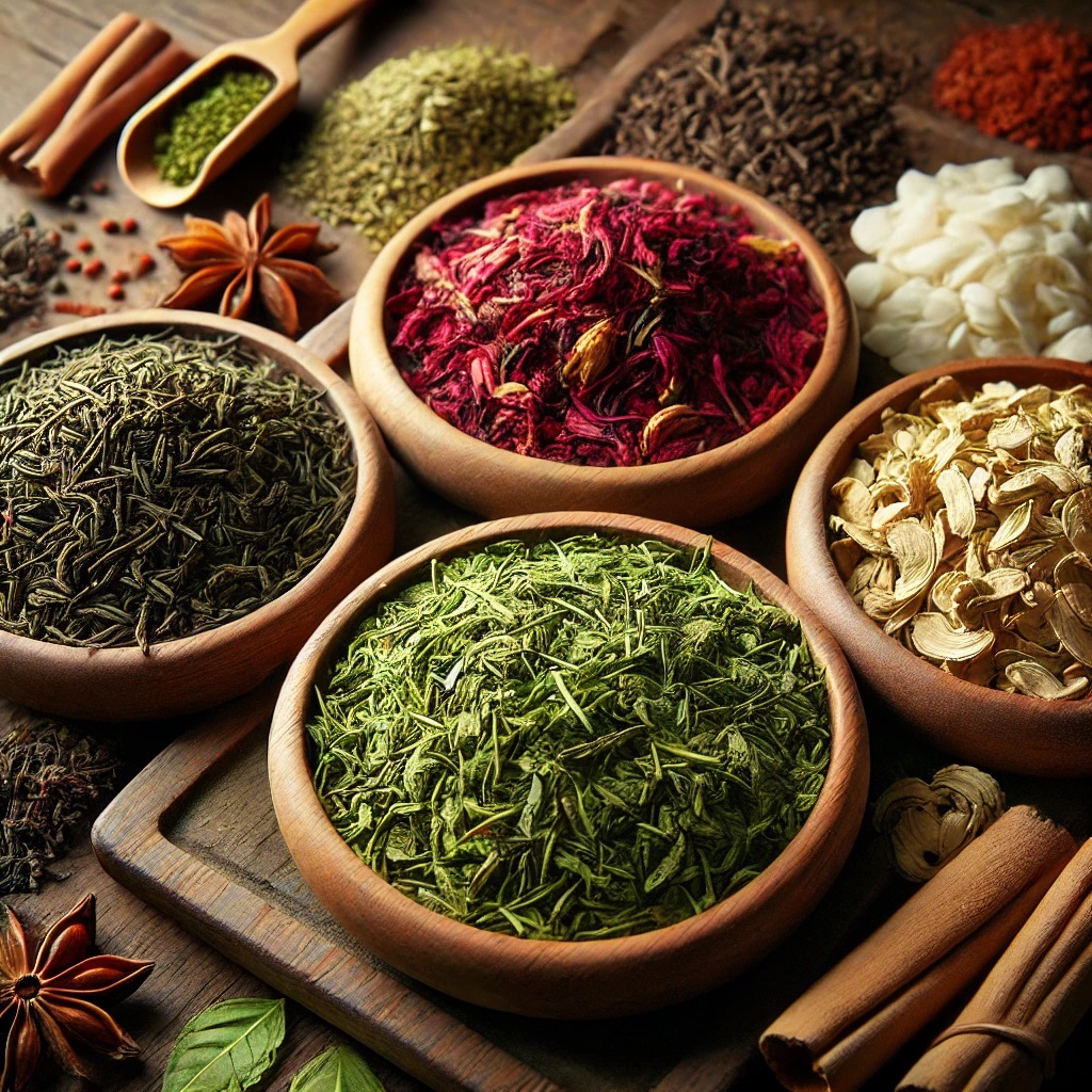 A Group Of Bowls Of Different Colored Herbs And Spices