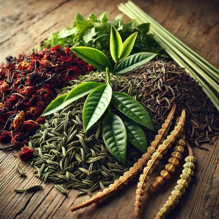 a group of herbs and leaves on a table